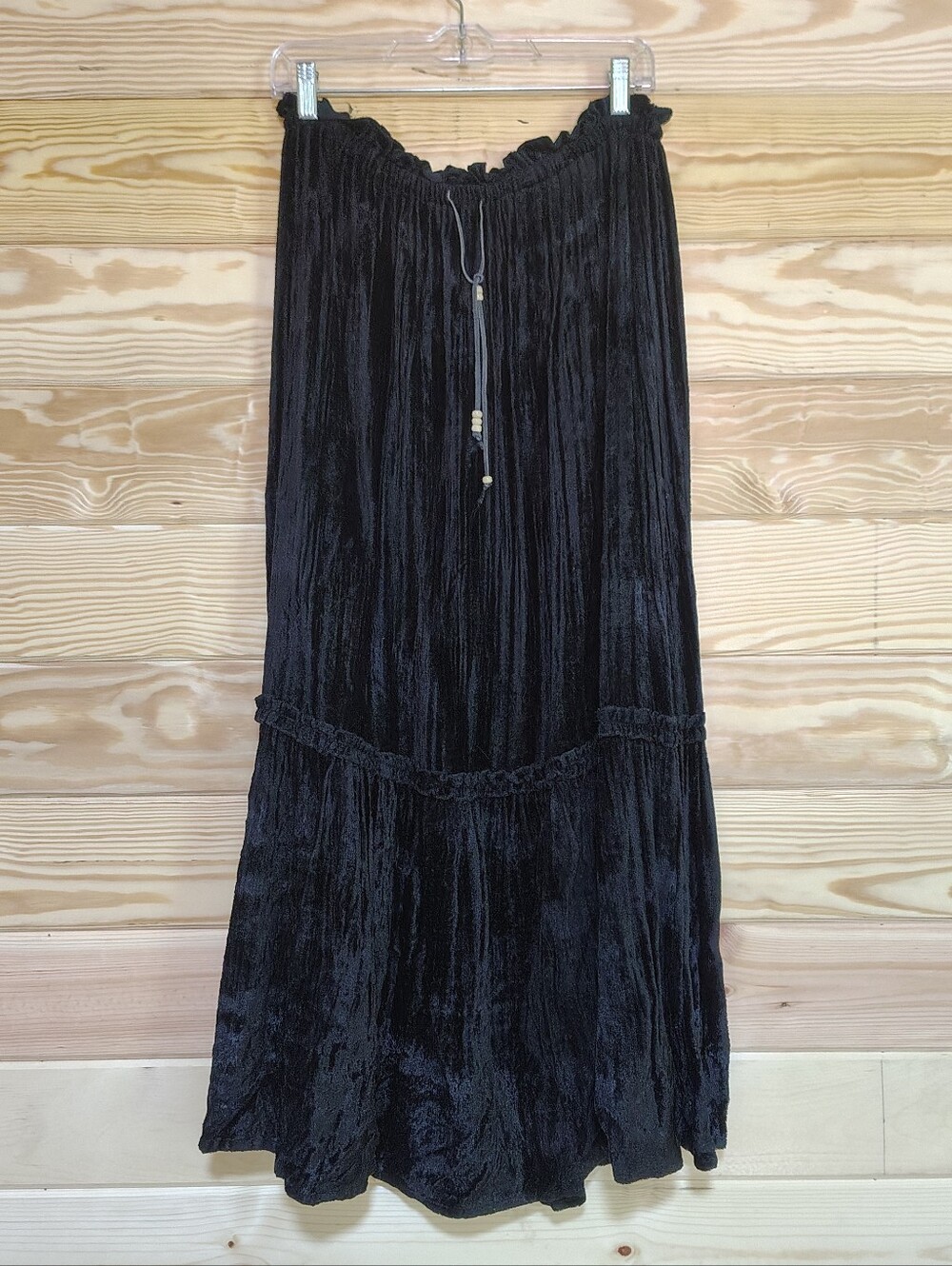 Gypsy Jeans Black Crushed Velvet Boho Maxi Skirt M Tiered Witchy Whimsigoth Chic